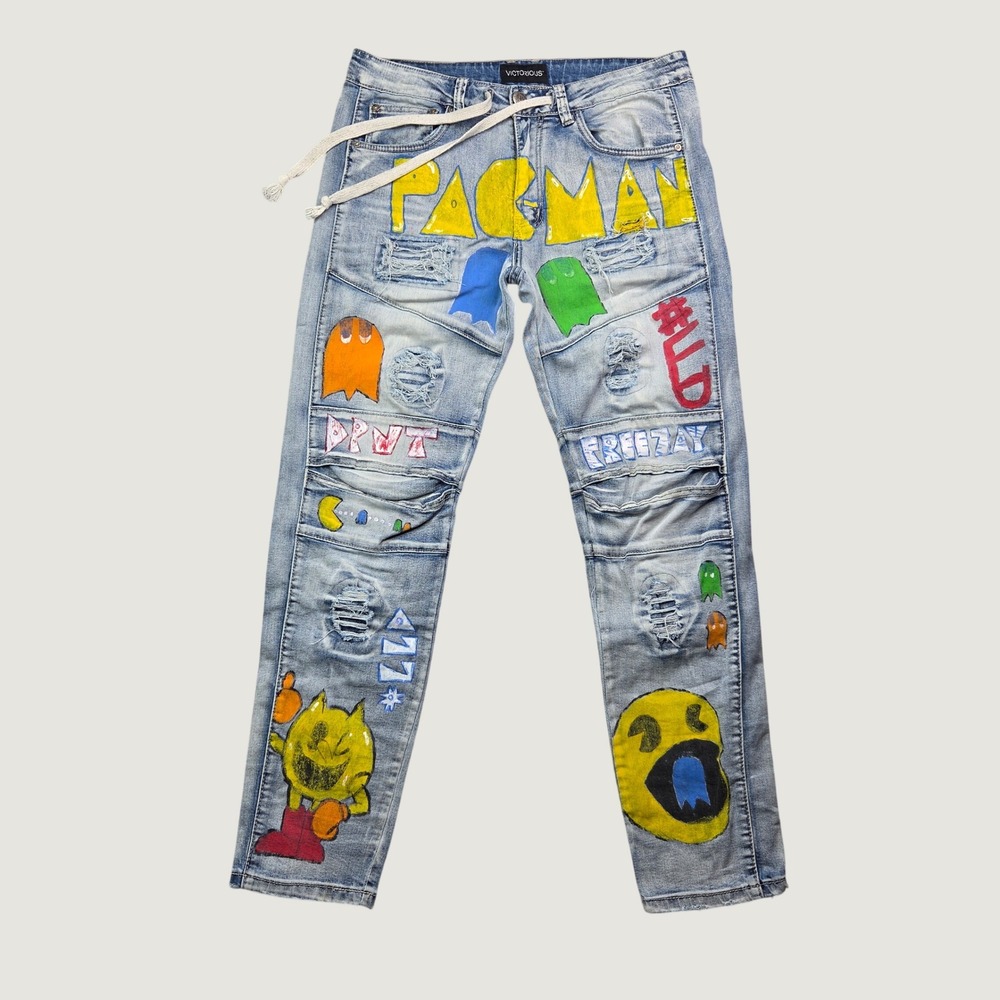 Victorious Men Pac-Man Graphic Jeans 32x30 Distressed Streetwear Moto Drawstring
